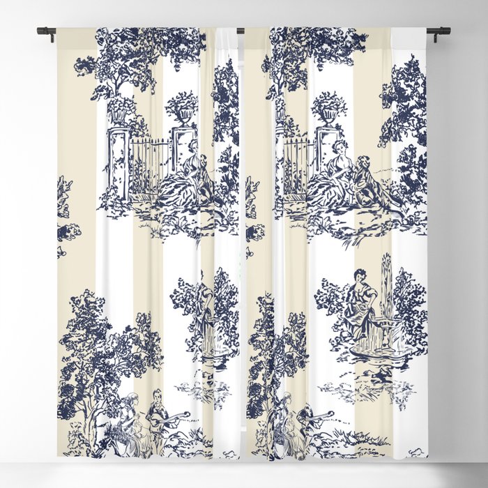 Toile de Jouy Vintage French Lovers Beige Cream & White Stripe Window Curtain Gallery Image 1