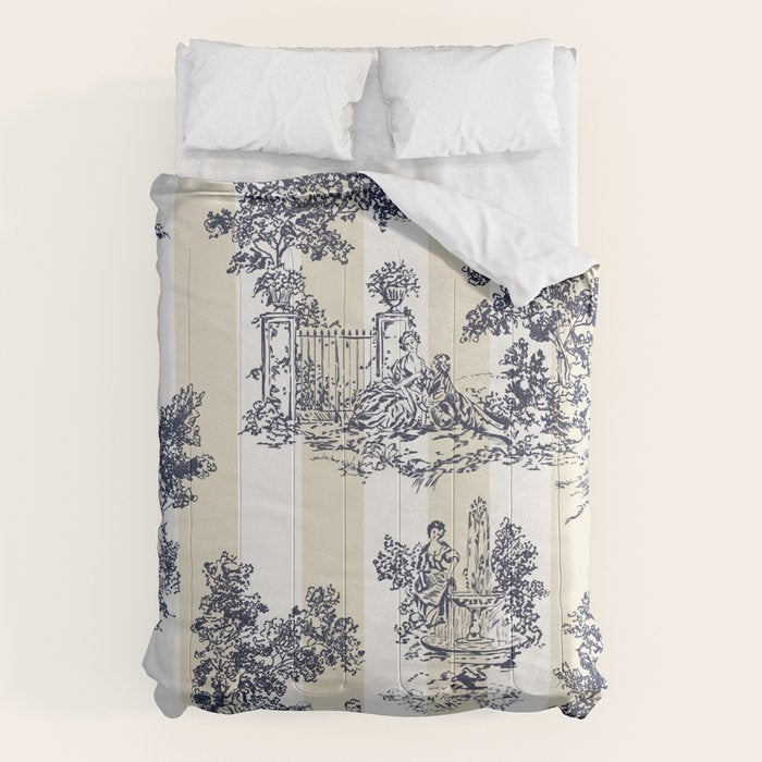 Toile de Jouy Vintage French Lovers Beige Cream & White Stripe Comforter Gallery Image 6
