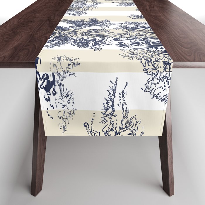 Toile de Jouy Vintage French Lovers Beige Cream & White Stripe Table Runner Gallery Image 1