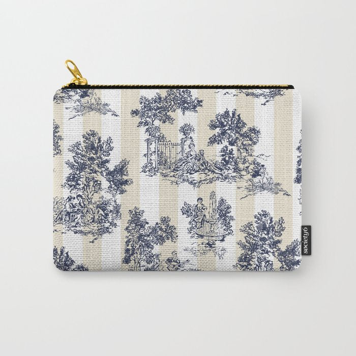 Toile de Jouy Vintage French Lovers Beige Cream & White Stripe Carry All Pouch Gallery Image 1