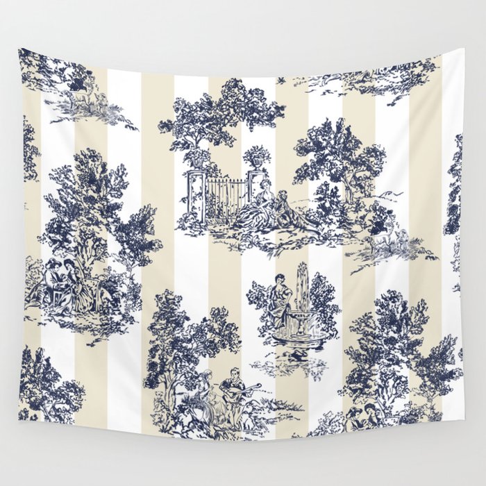 Toile de Jouy Vintage French Lovers Beige Cream & White Stripe Wall Tapestry Gallery Image 1