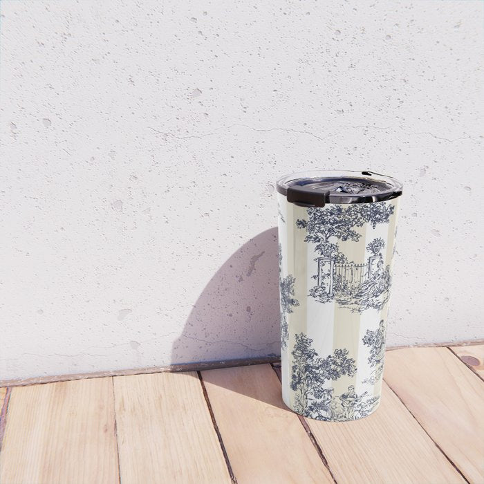 Toile de Jouy Vintage French Lovers Beige Cream & White Stripe Travel Mug Gallery Image 4