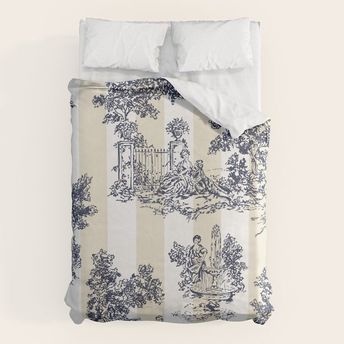 Toile de Jouy Vintage French Lovers Beige Cream & White Stripe Duvet Cover Gallery Image 6