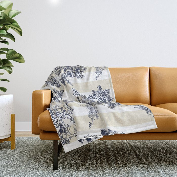 Toile de Jouy Vintage French Lovers Beige Cream & White Stripe Throw Blanket Gallery Image 1