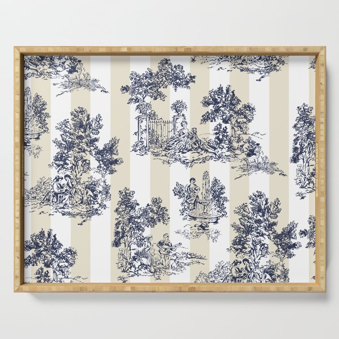 Toile de Jouy Vintage French Lovers Beige Cream & White Stripe Serving Tray Gallery Image 1
