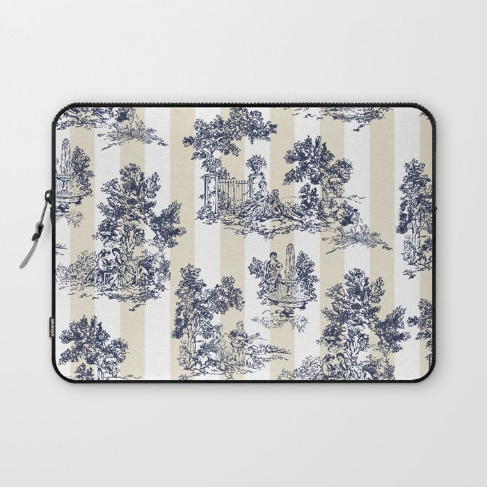 Toile de Jouy Vintage French Lovers Beige Cream & White Stripe Laptop Sleeve Gallery Image 1