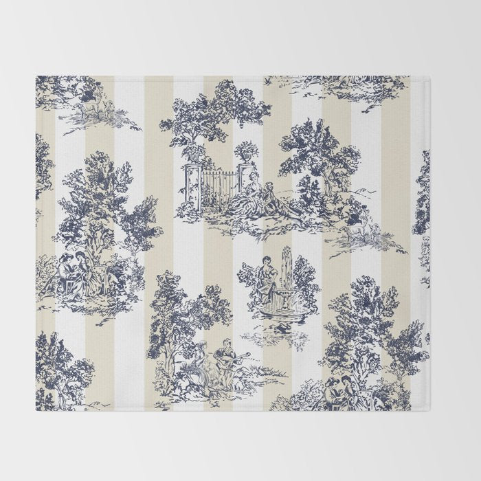 Toile de Jouy Vintage French Lovers Beige Cream & White Stripe Throw Blanket Gallery Image 2