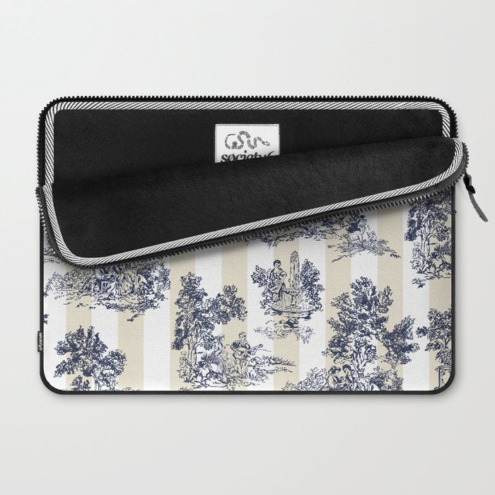 Toile de Jouy Vintage French Lovers Beige Cream & White Stripe Laptop Sleeve Gallery Image 2