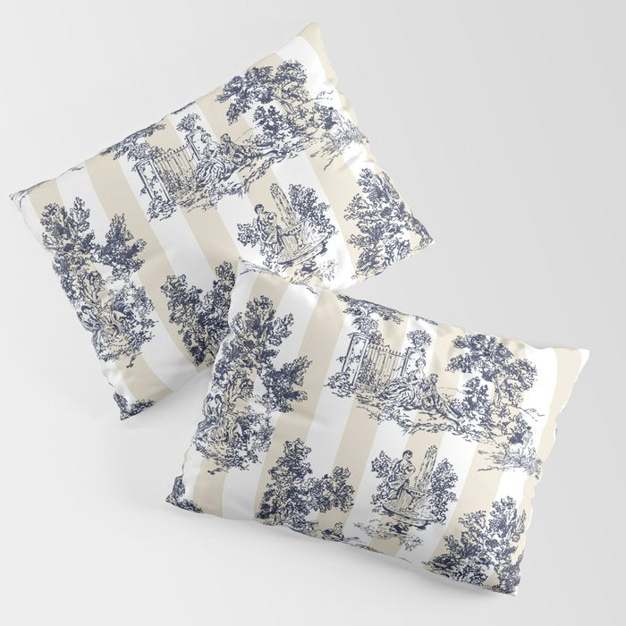 Toile de Jouy Vintage French Lovers Beige Cream & White Stripe Pillow Sham Gallery Image 3
