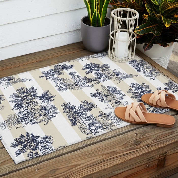 Toile de Jouy Vintage French Lovers Beige Cream & White Stripe Outdoor Rug Gallery Image 2