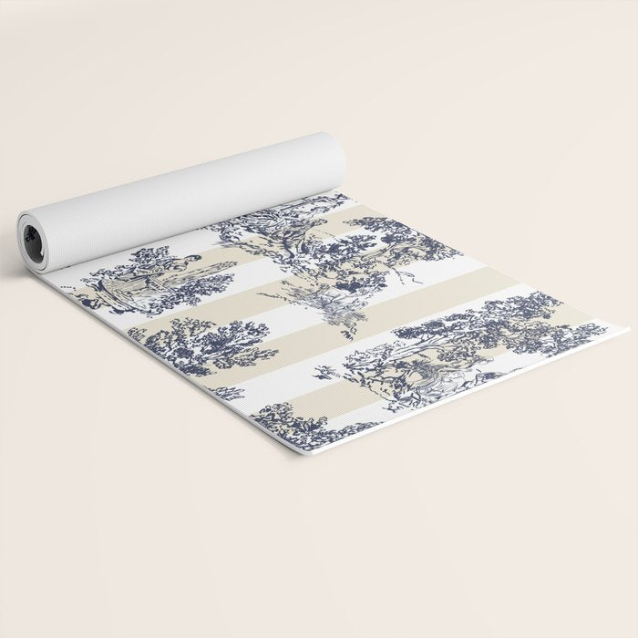 Toile de Jouy Vintage French Lovers Beige Cream & White Stripe Yoga Mat Gallery Image 2