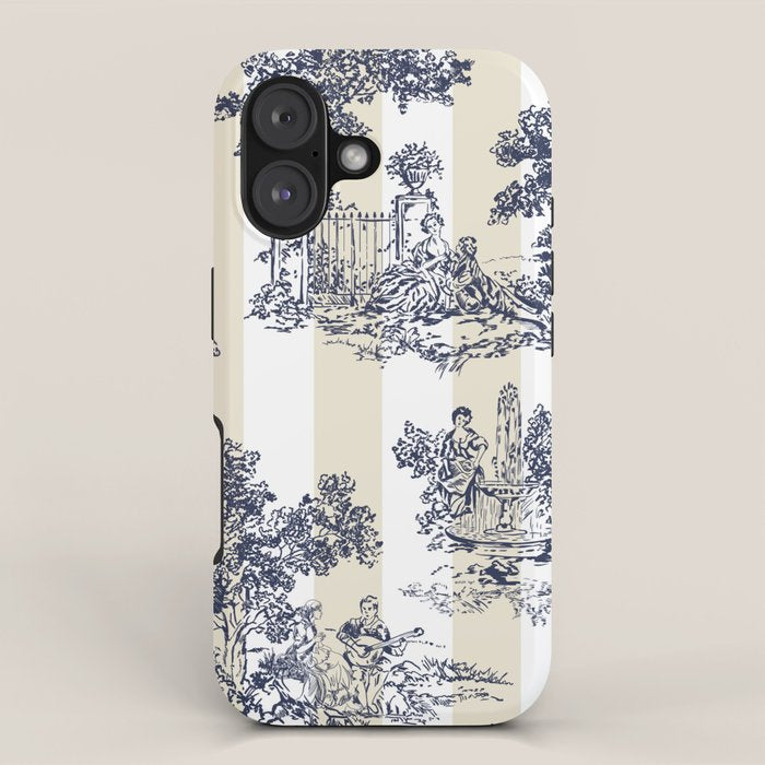 Toile de Jouy Vintage French Lovers Beige Cream & White Stripe iPhone Case Gallery Image 1