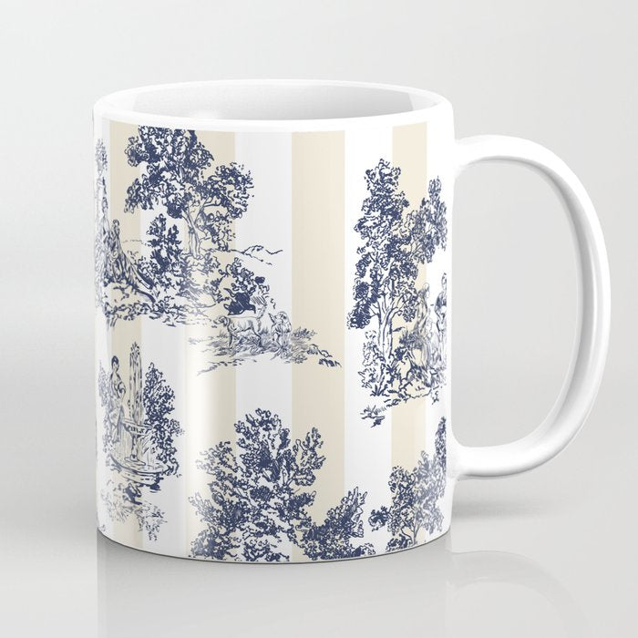 Toile de Jouy Vintage French Lovers Beige Cream & White Stripe Coffee Mug Gallery Image 1