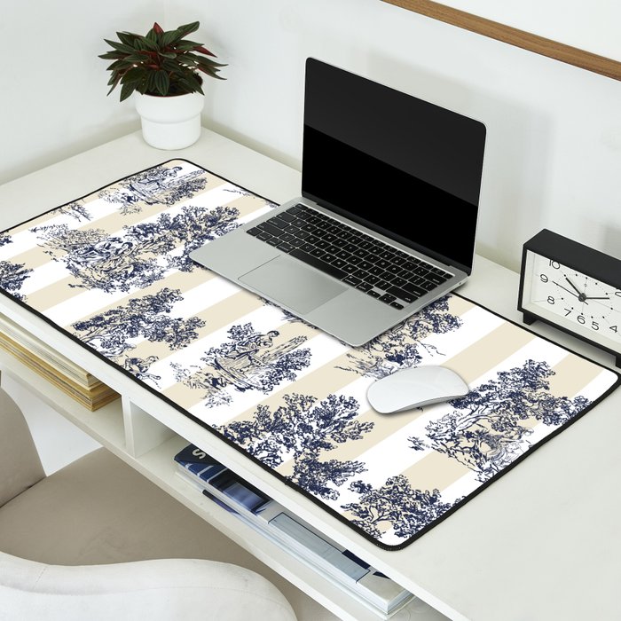 Toile de Jouy Vintage French Lovers Beige Cream & White Stripe Desk Mat Gallery Image 2