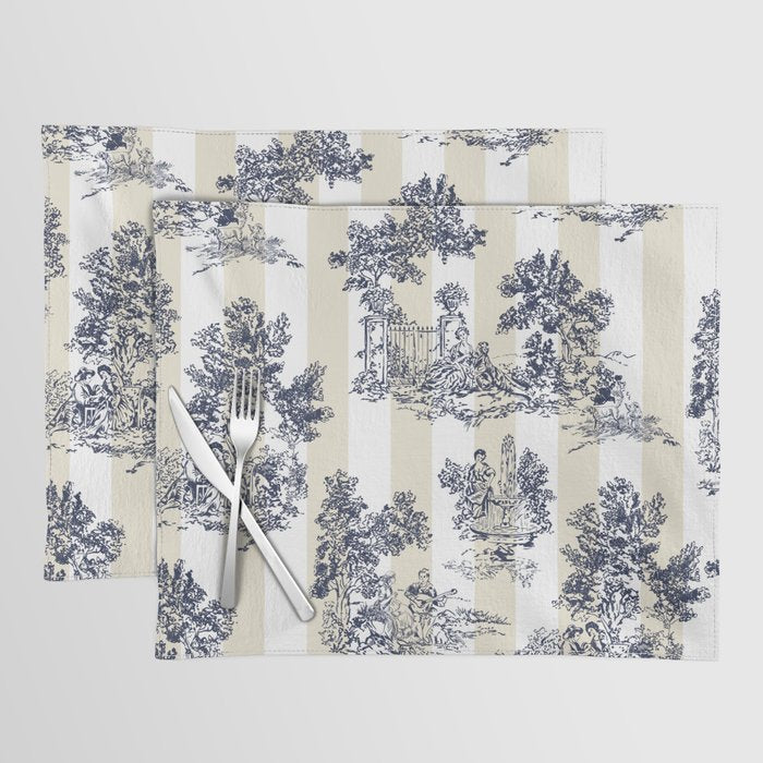 Toile de Jouy Vintage French Lovers Beige Cream & White Stripe Placemat Gallery Image 1