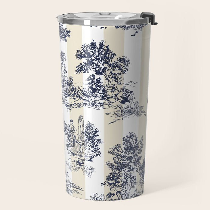 Toile de Jouy Vintage French Lovers Beige Cream & White Stripe Travel Mug Gallery Image 2