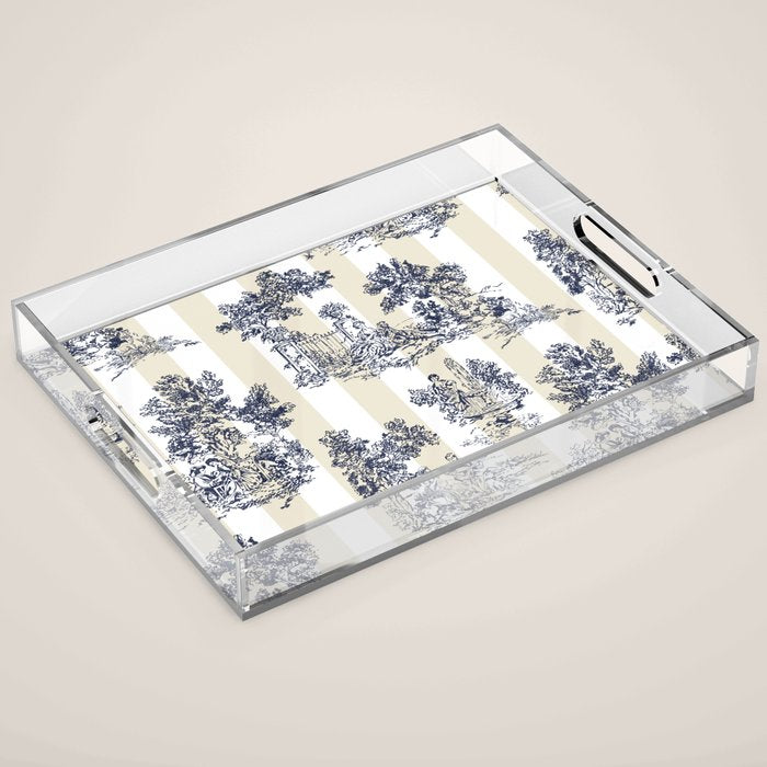 Toile de Jouy Vintage French Lovers Beige Cream & White Stripe Acrylic Tray Gallery Image 1