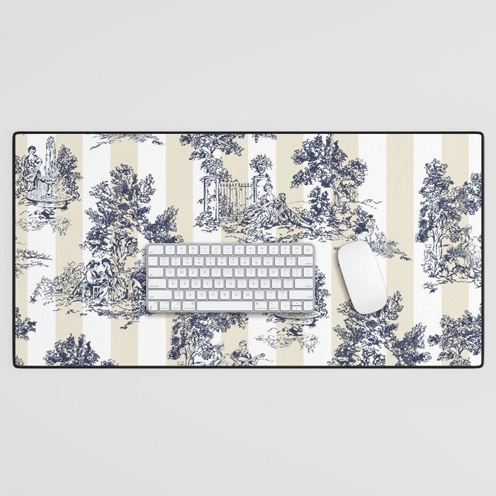 Toile de Jouy Vintage French Lovers Beige Cream & White Stripe Desk Mat Gallery Image 1
