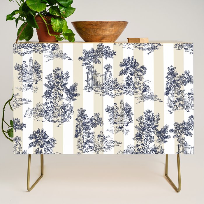 Toile de Jouy Vintage French Lovers Beige Cream & White Stripe Credenza Gallery Image 1