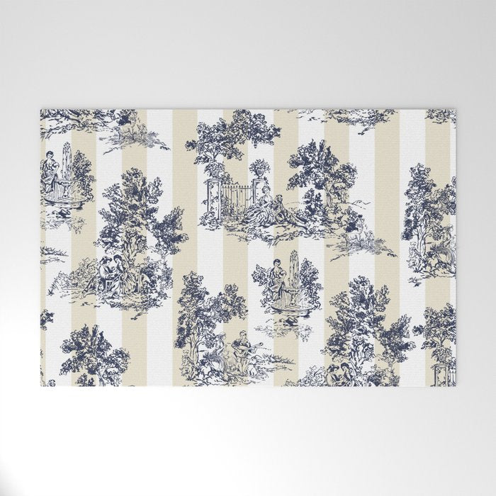 Toile de Jouy Vintage French Lovers Beige Cream & White Stripe Welcome Mat Gallery Image 1