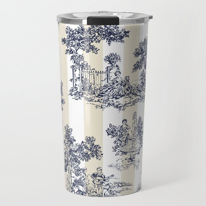 Toile de Jouy Vintage French Lovers Beige Cream & White Stripe Travel Mug Gallery Image 1