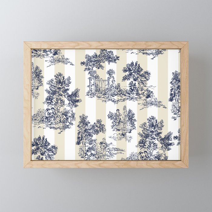 Toile de Jouy Vintage French Lovers Beige Cream & White Stripe Mini Art Print Gallery Image 1