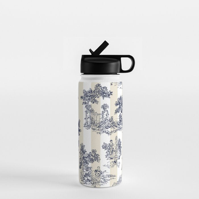 Toile de Jouy Vintage French Lovers Beige Cream & White Stripe Water Bottle Gallery Image 1