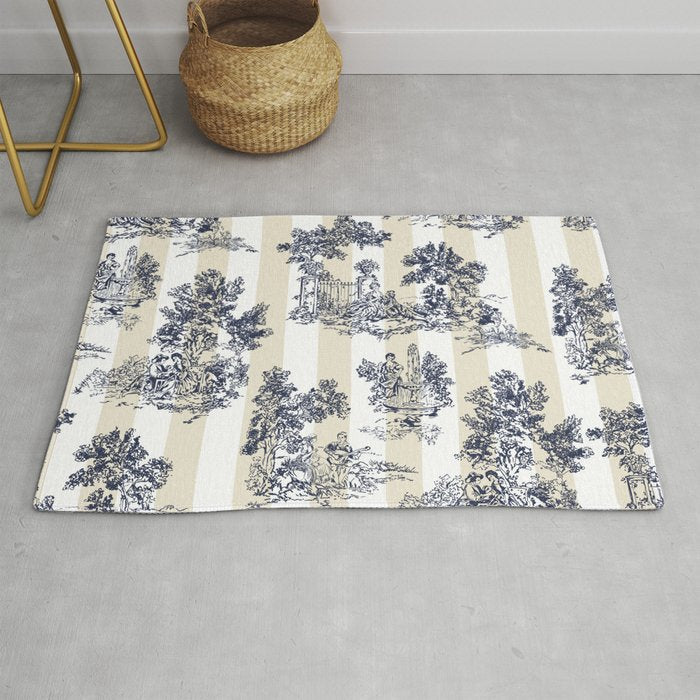 Toile de Jouy Vintage French Lovers Beige Cream & White Stripe Rug Gallery Image 1