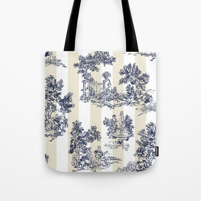 Toile de Jouy Vintage French Lovers Beige Cream & White Stripe Tote Bag Gallery Image 1
