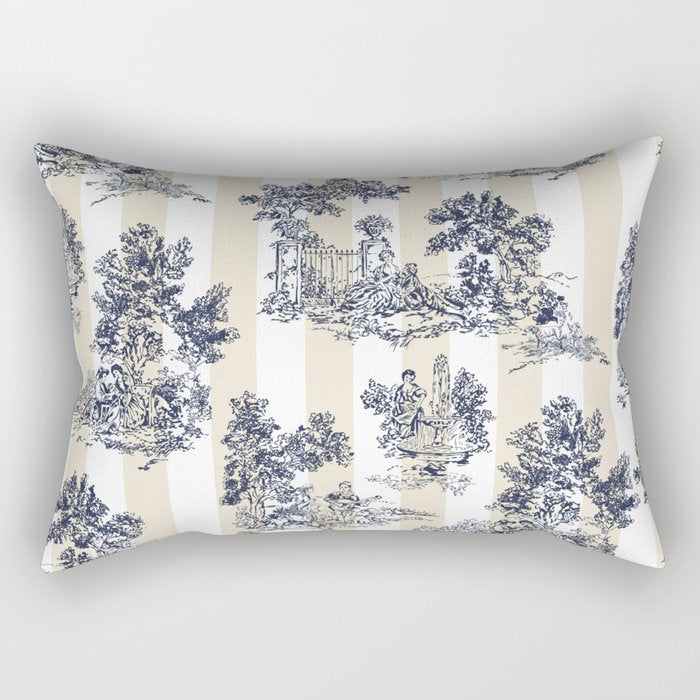 Toile de Jouy Vintage French Lovers Beige Cream & White Stripe Rectangular Pillow Gallery Image 1