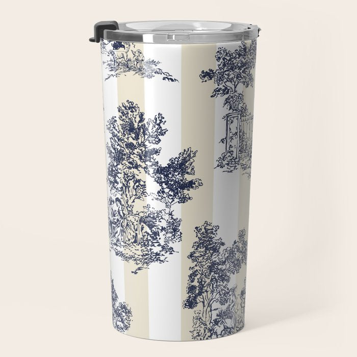 Toile de Jouy Vintage French Lovers Beige Cream & White Stripe Travel Mug Gallery Image 3