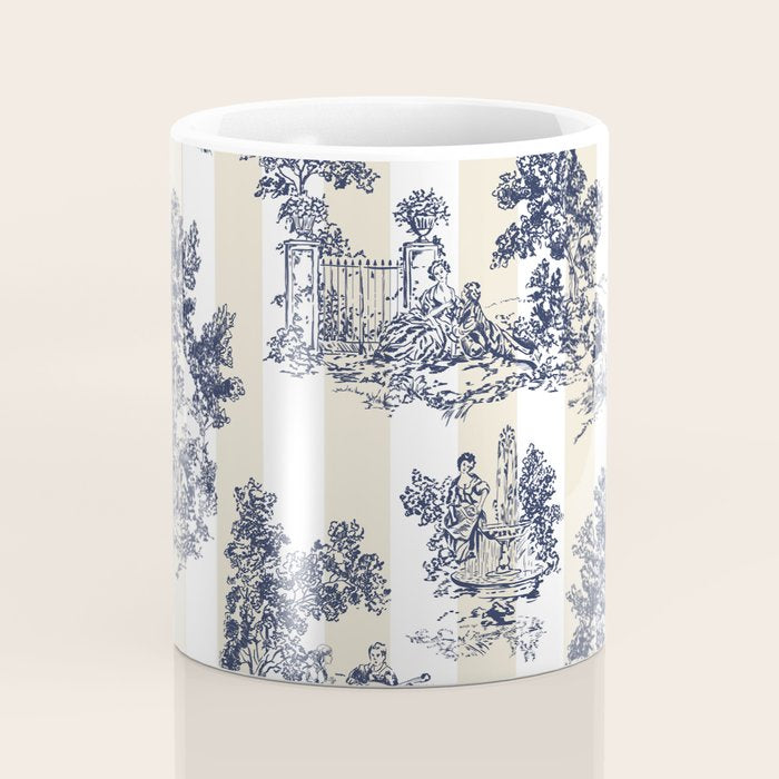 Toile de Jouy Vintage French Lovers Beige Cream & White Stripe Coffee Mug Gallery Image 4