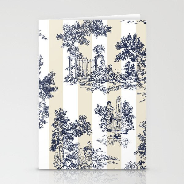 Toile de Jouy Vintage French Lovers Beige Cream & White Stripe Stationery Card Gallery Image 2