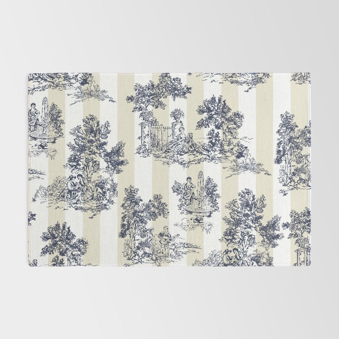 Toile de Jouy Vintage French Lovers Beige Cream & White Stripe Rug Gallery Image 2