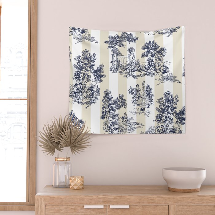 Toile de Jouy Vintage French Lovers Beige Cream & White Stripe Wall Tapestry Gallery Image 2