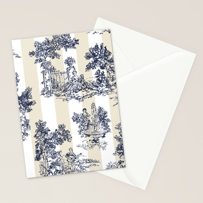 Toile de Jouy Vintage French Lovers Beige Cream & White Stripe Stationery Card Gallery Image 2
