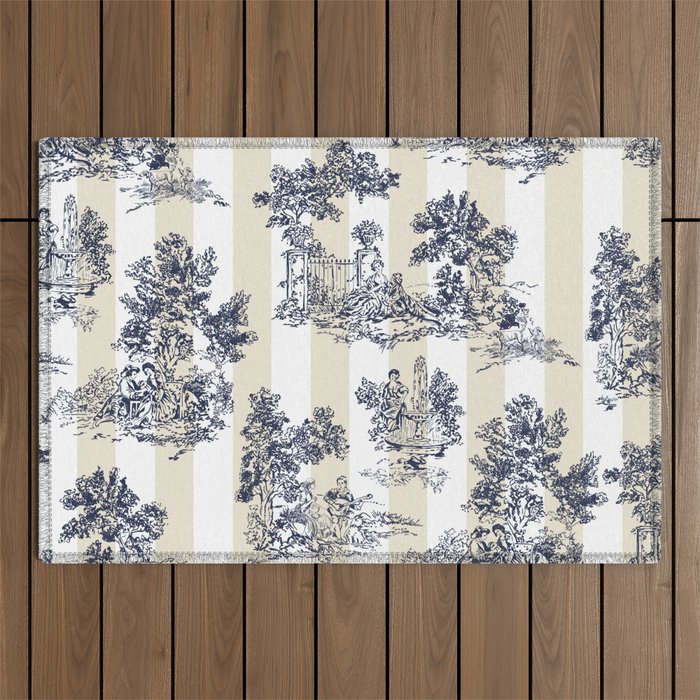 Toile de Jouy Vintage French Lovers Beige Cream & White Stripe Outdoor Rug Gallery Image 1