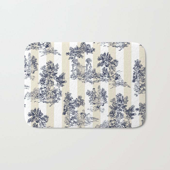 Toile de Jouy Vintage French Lovers Beige Cream & White Stripe Bath Mat Gallery Image 1