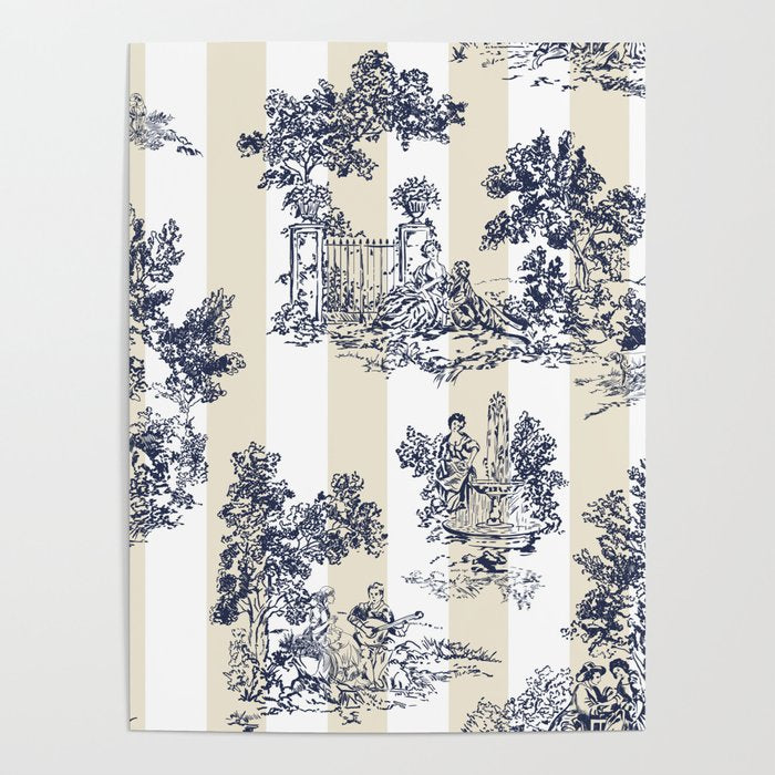 Toile de Jouy Vintage French Lovers Beige Cream & White Stripe Poster Gallery Image 1