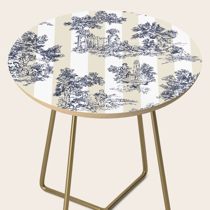 Toile de Jouy Vintage French Lovers Beige Cream & White Stripe Side Table Gallery Image 2