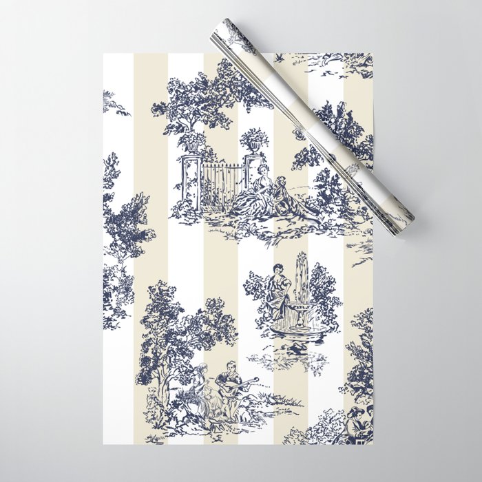 Toile de Jouy Vintage French Lovers Beige Cream & White Stripe Wrapping Paper Gallery Image 1