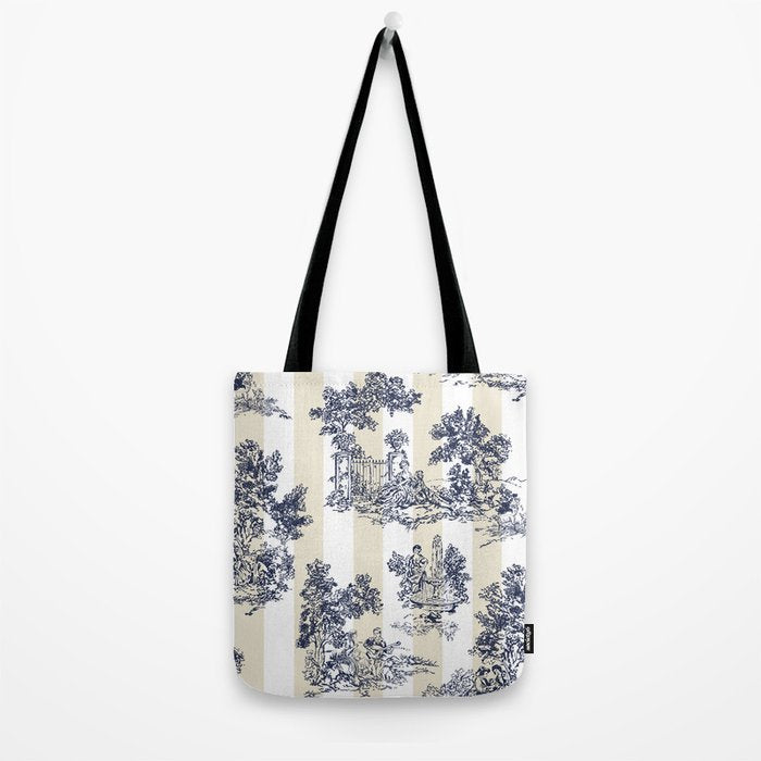 Toile de Jouy Vintage French Lovers Beige Cream & White Stripe Tote Bag Gallery Image 2