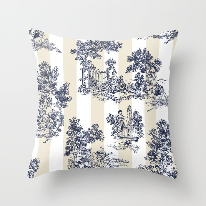 Toile de Jouy Vintage French Lovers Beige Cream & White Stripe Throw Pillow Gallery Image 1