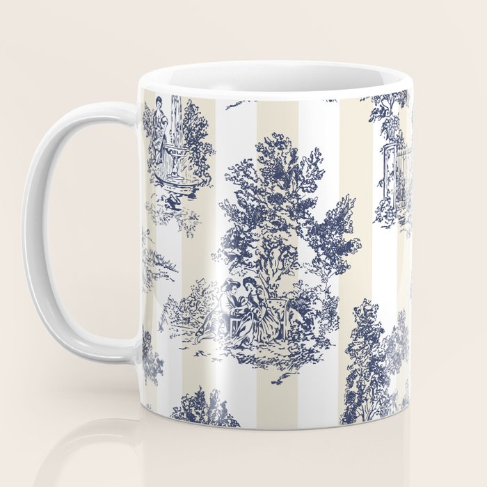 Toile de Jouy Vintage French Lovers Beige Cream & White Stripe Coffee Mug Gallery Image 3