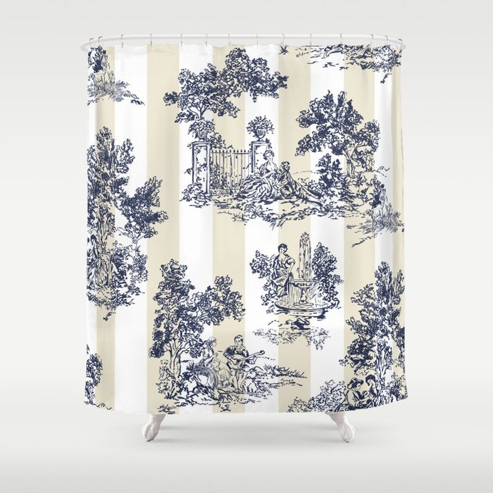 Toile de Jouy Vintage French Lovers Beige Cream & White Stripe Shower Curtain Gallery Image 1