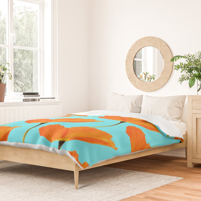 Poppies On A Turquoise Background #decor #society6 #buyart Duvet Cover Gallery Image 2