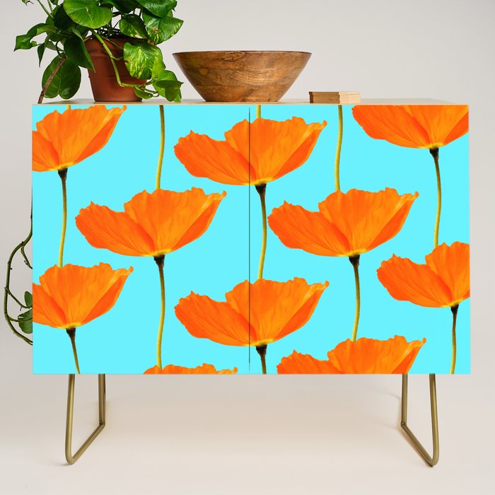 Poppies On A Turquoise Background #decor #society6 #buyart Credenza Gallery Image 1