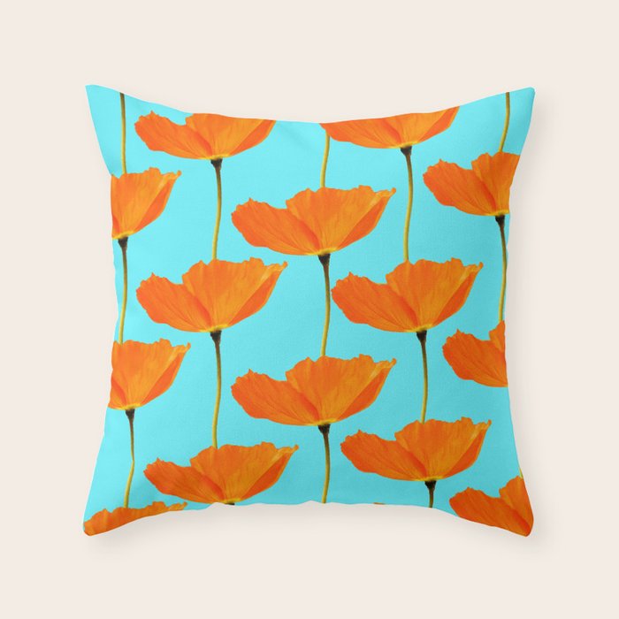 Poppies On A Turquoise Background #decor #society6 #buyart Throw Pillow Gallery Image 1