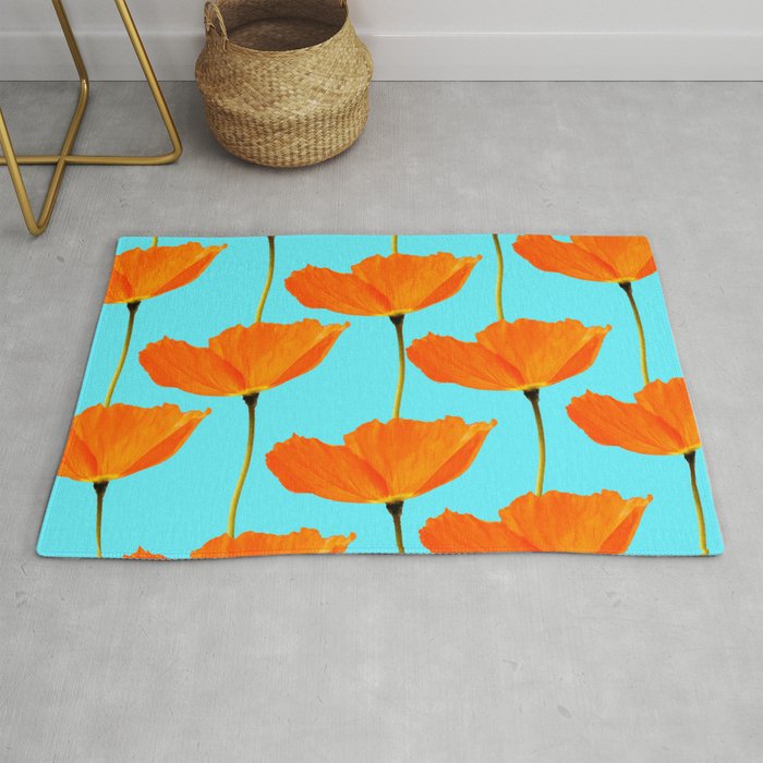 Poppies On A Turquoise Background #decor #society6 #buyart Rug Gallery Image 1