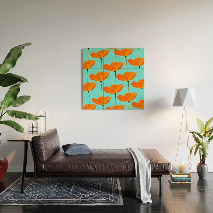 Poppies On A Turquoise Background #decor #society6 #buyart Wood Wall Art Gallery Image 2